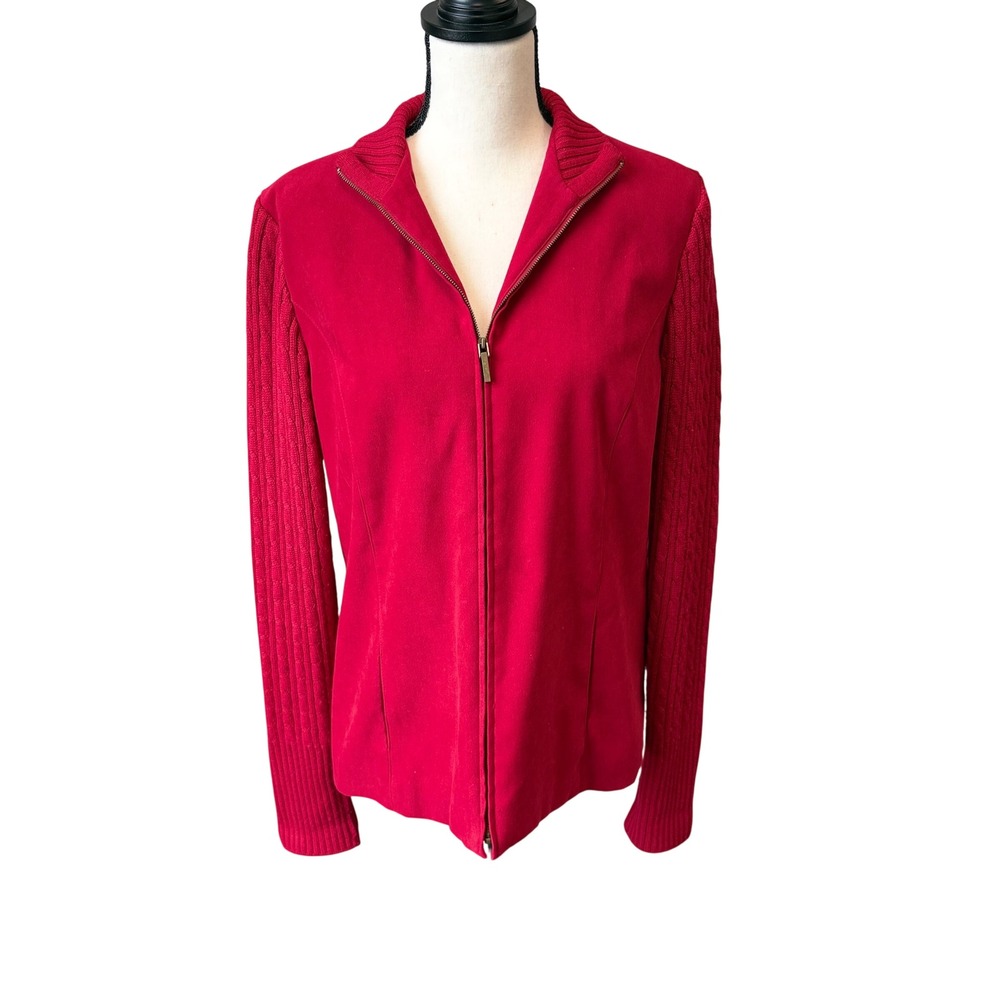 Talbots Women's 10 Red Cable Knit Wool Blend Sweater Jacket Preppy Classic